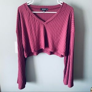 Missguided purple ribbed bell sleeve crop top